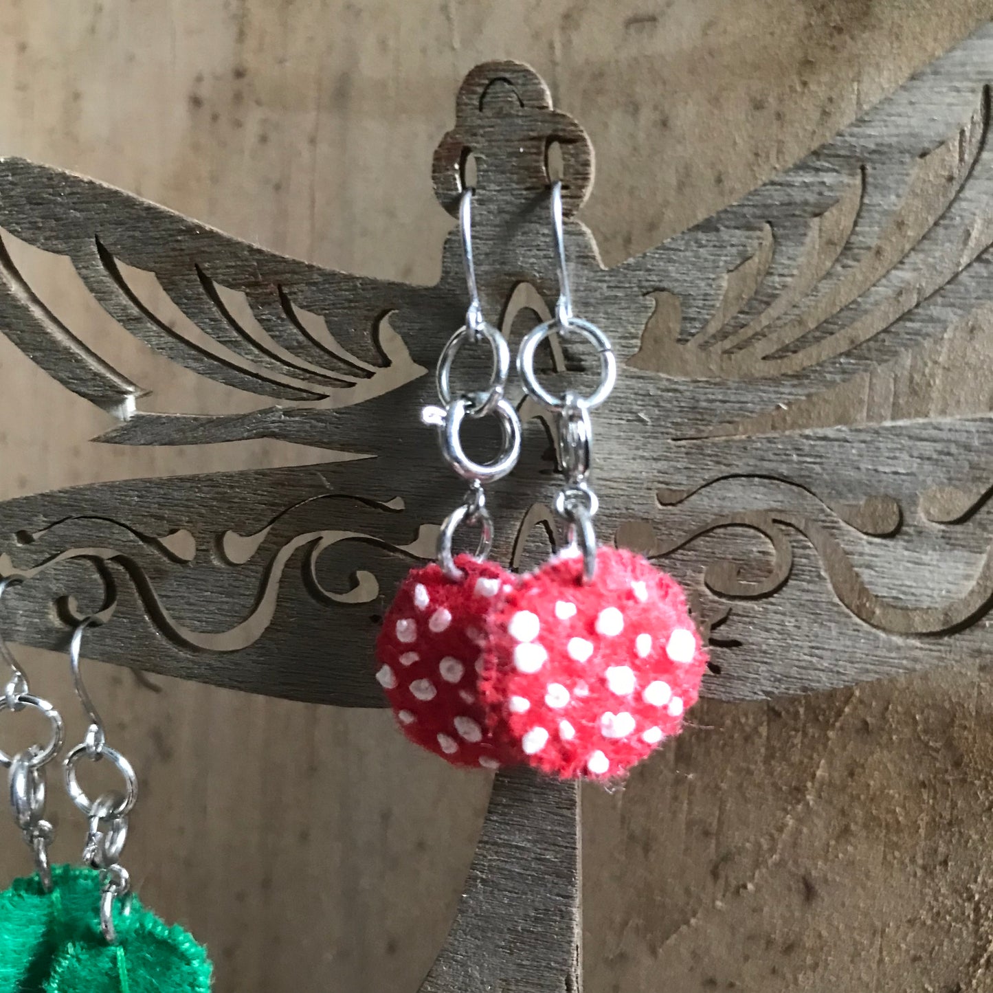 AMANITA MUSHROOM HAND EMBROIDERED FELT CHARM EARRINGS TORONTO ONTARIO CANADA