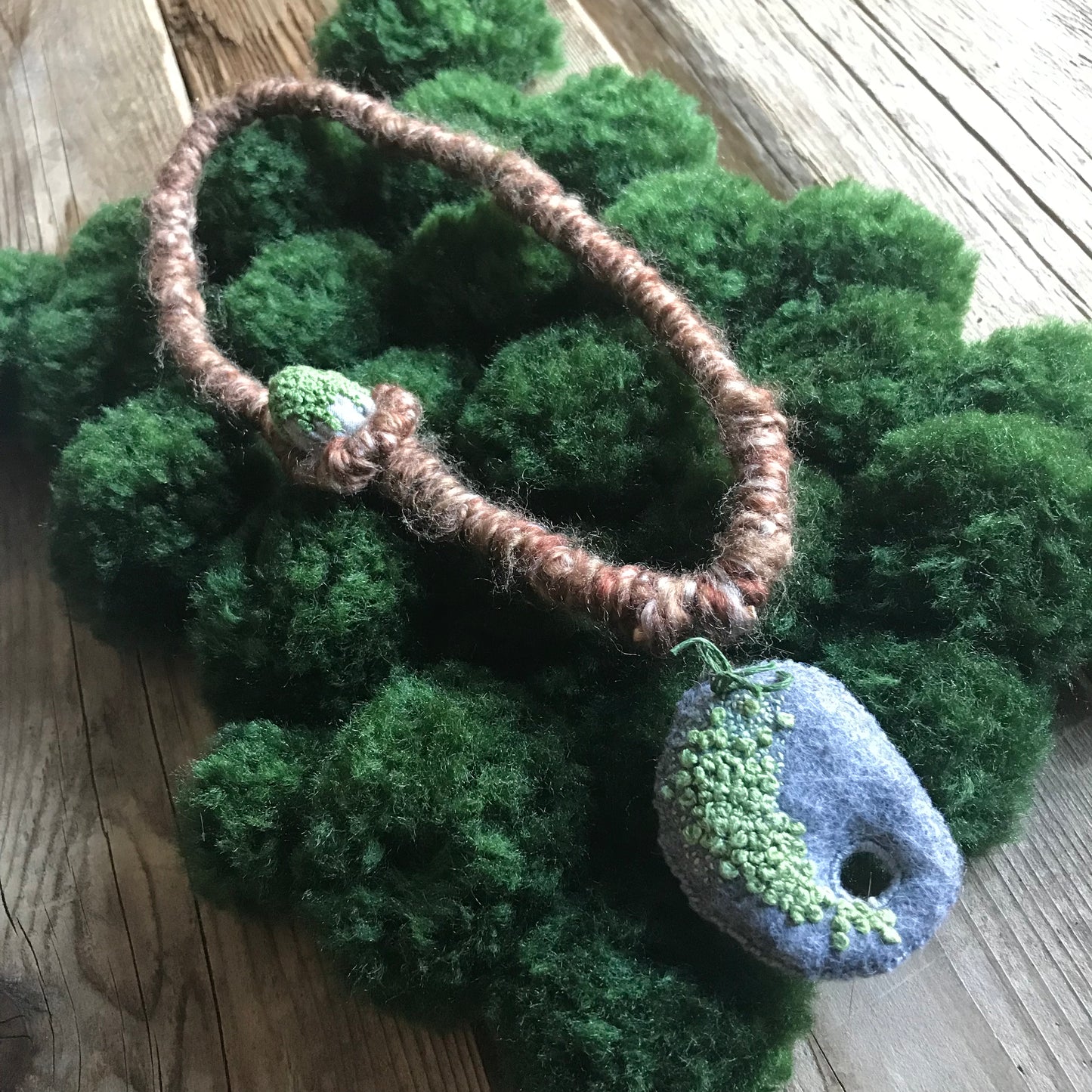 MOSSY WITCH STONE & WOODLAND BRANCH, HAND EMBROIDERED WEARABLE ART NECKLACE TORONTO ONTARIO CANADA