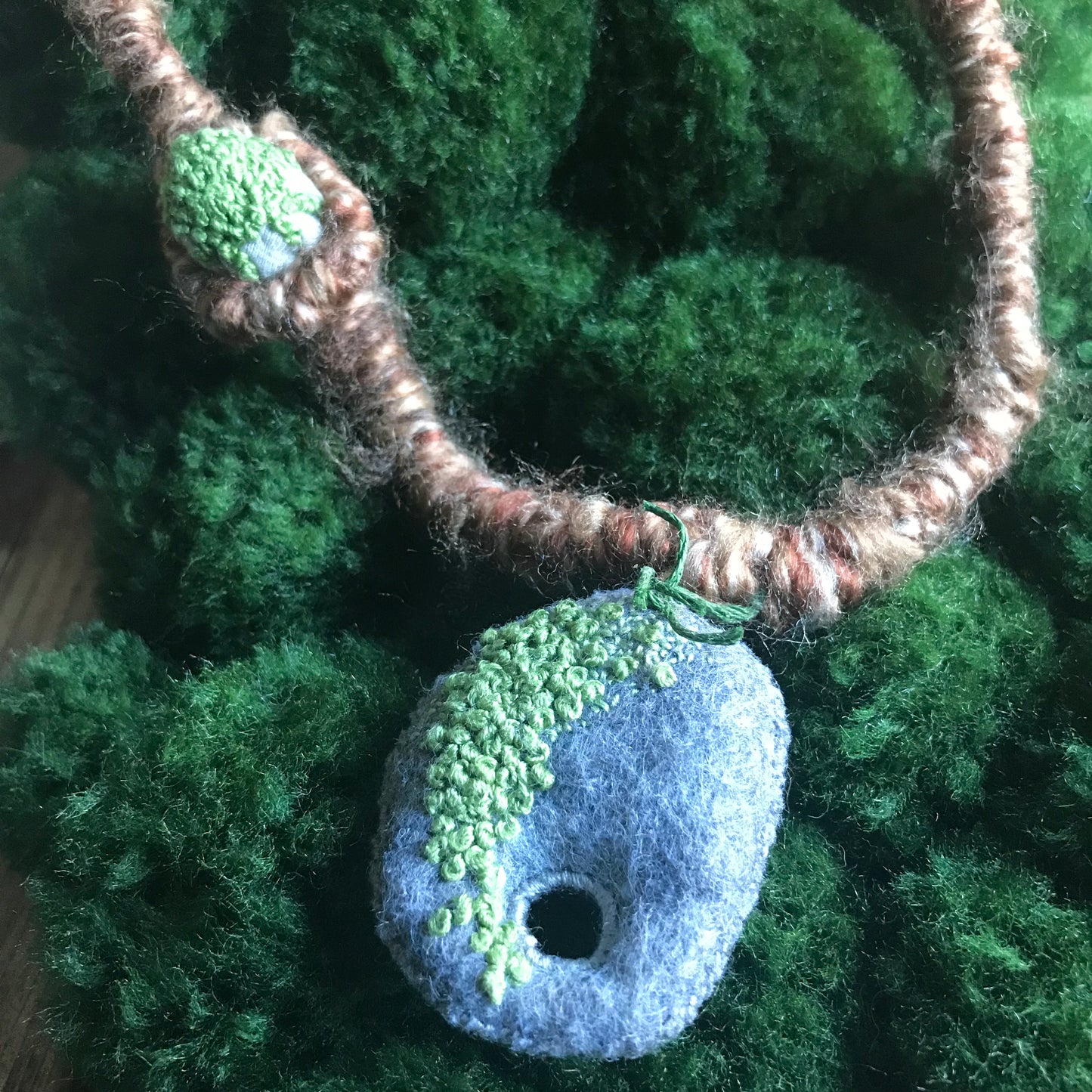 MOSSY WITCH STONE & WOODLAND BRANCH, HAND EMBROIDERED WEARABLE ART NECKLACE