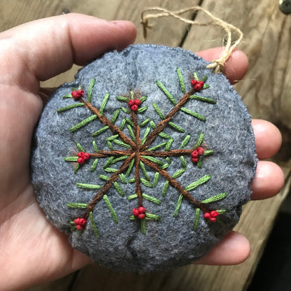 CHRISTMAS/YULE EVERGREEN SNOWFLAKE, HAND EMBROIDERED DECOR 
S2