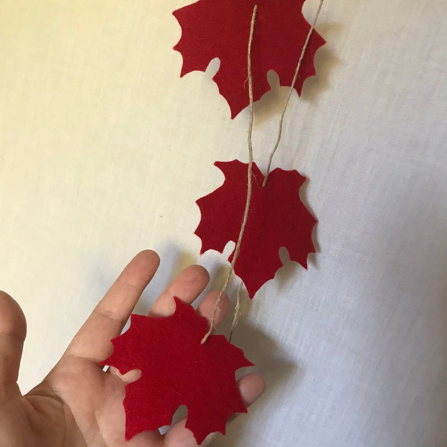 AUTUMNAL/MABON RED MAPLE LEAF HAND CUT FELT & HEMP GARLAND TORONTO ONTARIO CANADA