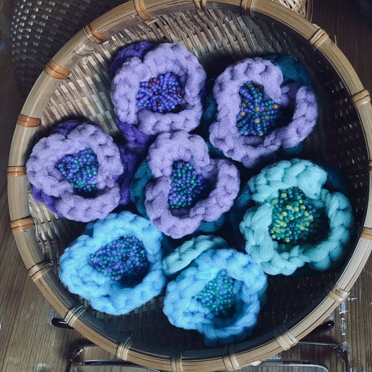 HAND BEADED CROCHET FLOWER BROOCH TORONTO ONTARIO CANADA