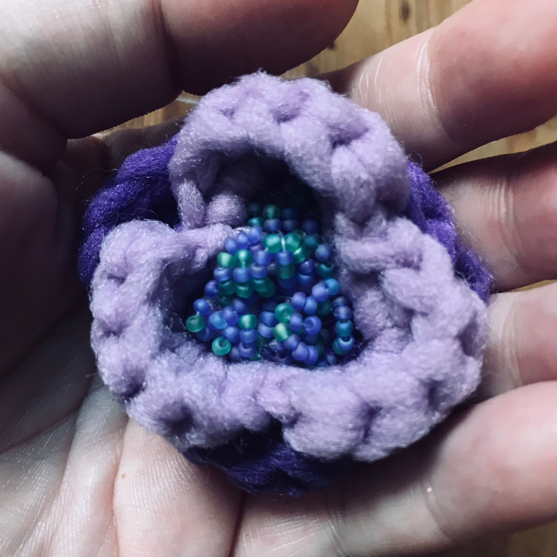 PURPLE & GREEN CROCHET, HAND BEADED FLOWER BROOCH TORONTO ONTARIO CANADA