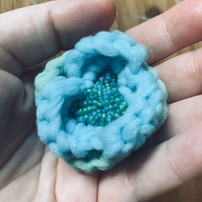 MINT & BABY BLUE CROCHET, HAND BEADED FLOWER BROOCH TORONTO ONTARIO CANADA