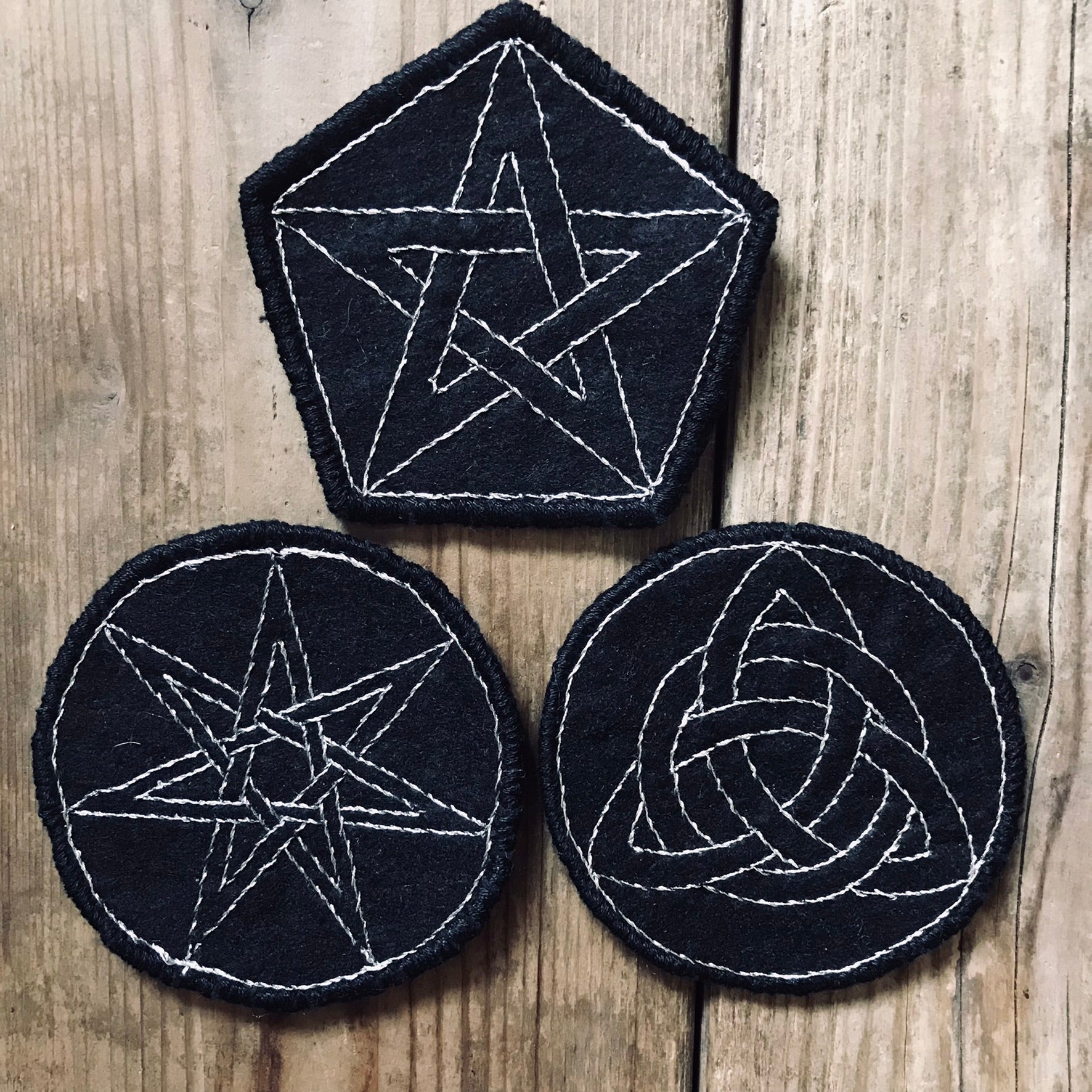 BLACK FELT & METAL THREAD EMBROIDERED PROTECTION PATCHES, MINI TRAVEL CRYSTAL CHARGERS, ALTER PIECES 