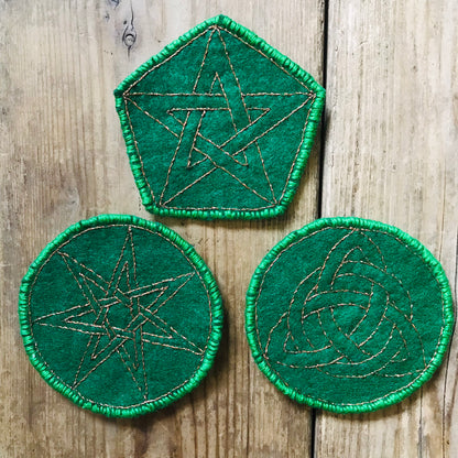 GREEN FELT & METAL THREAD EMBROIDERED PROTECTION PATCHES, MINI TRAVEL CRYSTAL CHARGERS, ALTER PIECES