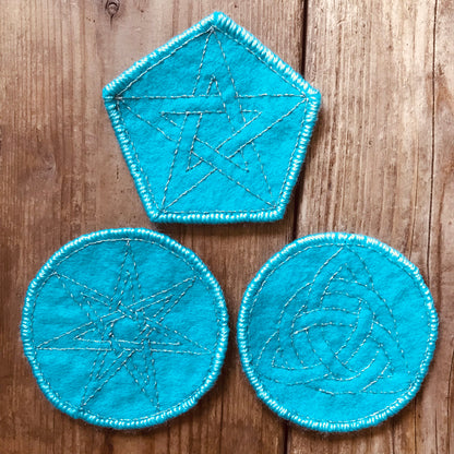TURQUOISE FELT & METAL THREAD EMBROIDERED PROTECTION PATCHES, MINI TRAVEL CRYSTAL CHARGERS, ALTER PIECES