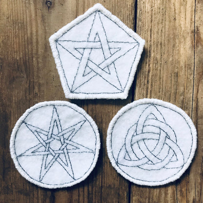 WHITE FELT & METAL THREAD EMBROIDERED PROTECTION PATCHES, MINI TRAVEL CRYSTAL CHARGERS, ALTER PIECES