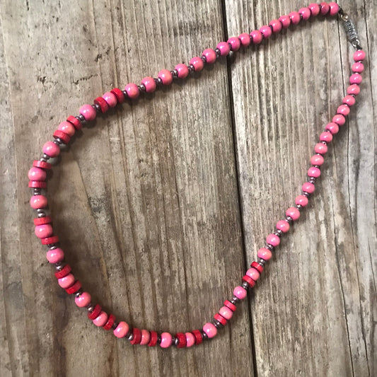 PINK & RED, WOOD & GLASS BEAD NECKLACE TORONTO ONTARIO CANADA