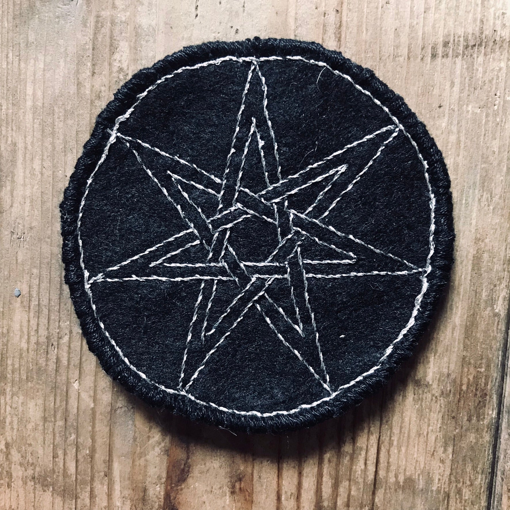 FAERIE STAR, BLACK FELT & SILVER METAL THREAD EMBROIDERED PROTECTION PATCHES, MINI TRAVEL CRYSTAL CHARGERS, ALTER PIECES