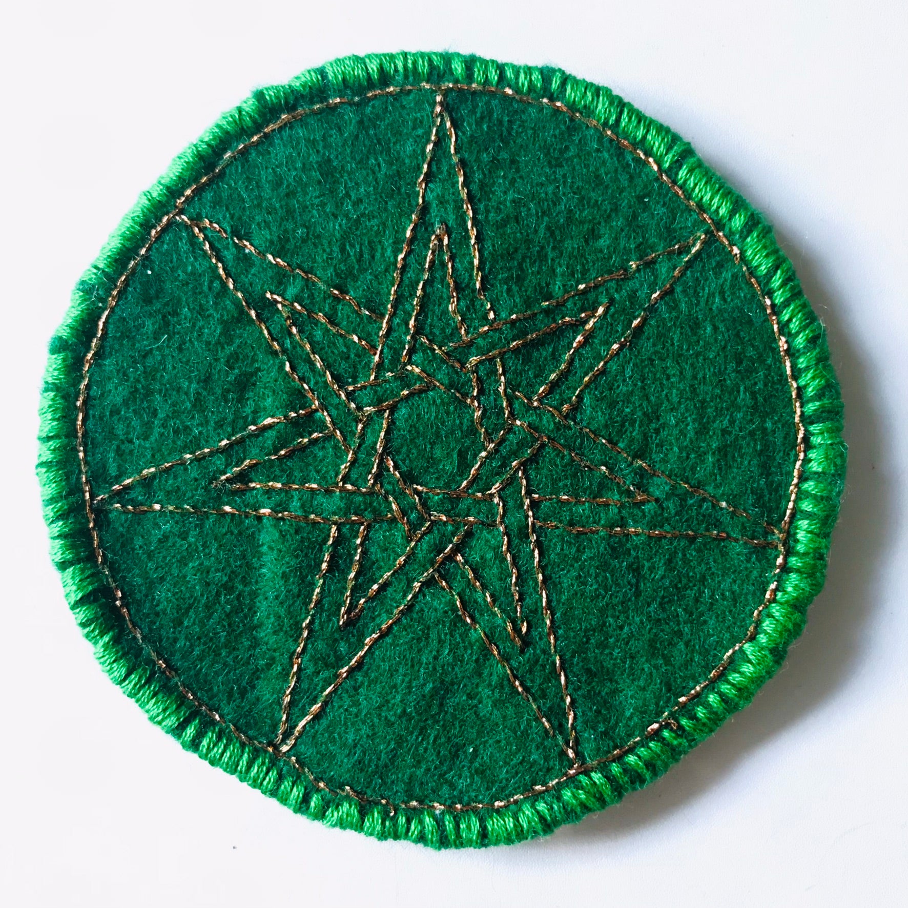 FAERIE STAR, GREEN FELT & COPPER METAL THREAD EMBROIDERED PROTECTION PATCHES, MINI TRAVEL CRYSTAL CHARGERS, ALTER PIECES