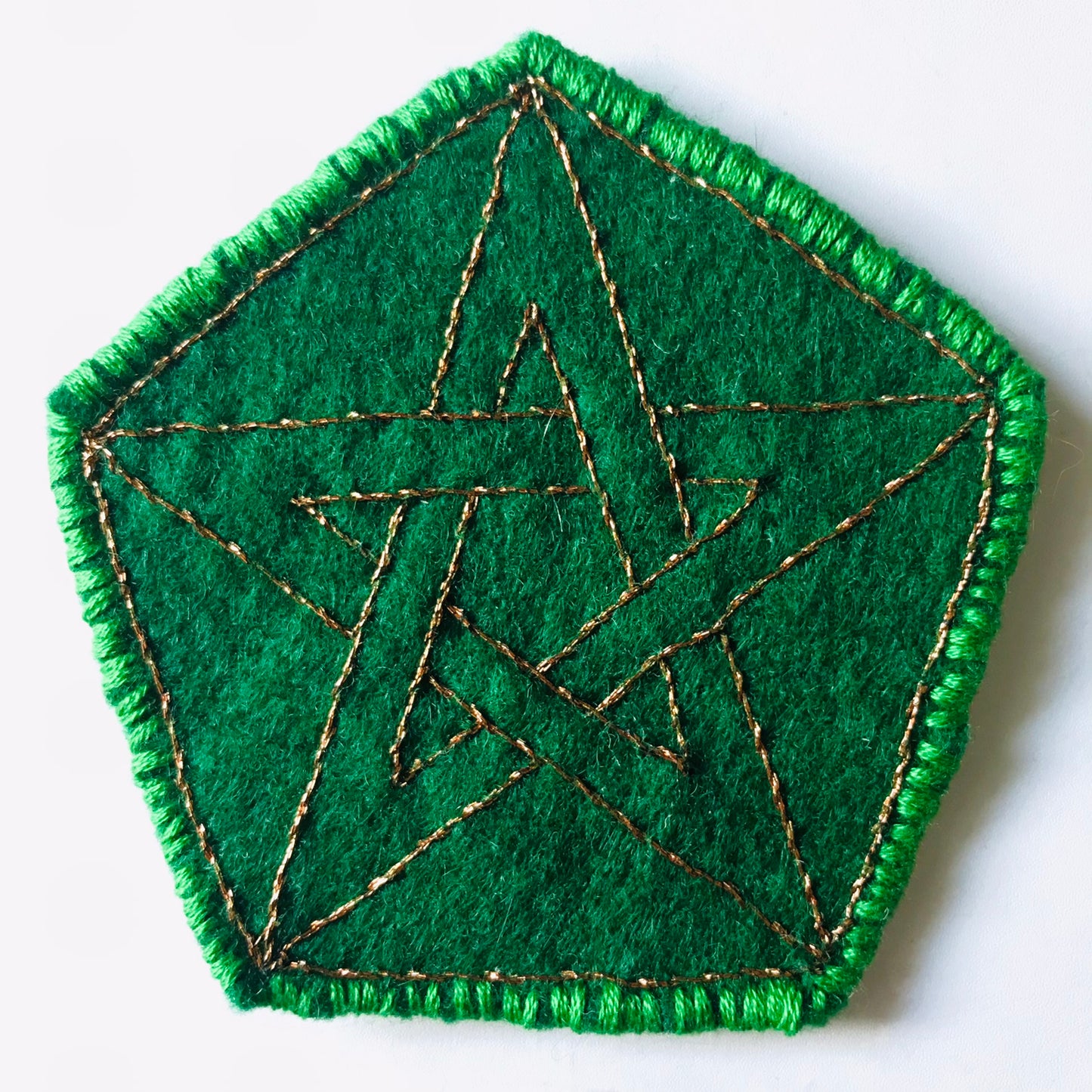 PENTACLE, GREEN FELT & COPPER METAL THREAD EMBROIDERED PROTECTION PATCHES, MINI TRAVEL CRYSTAL CHARGERS, ALTER PIECES