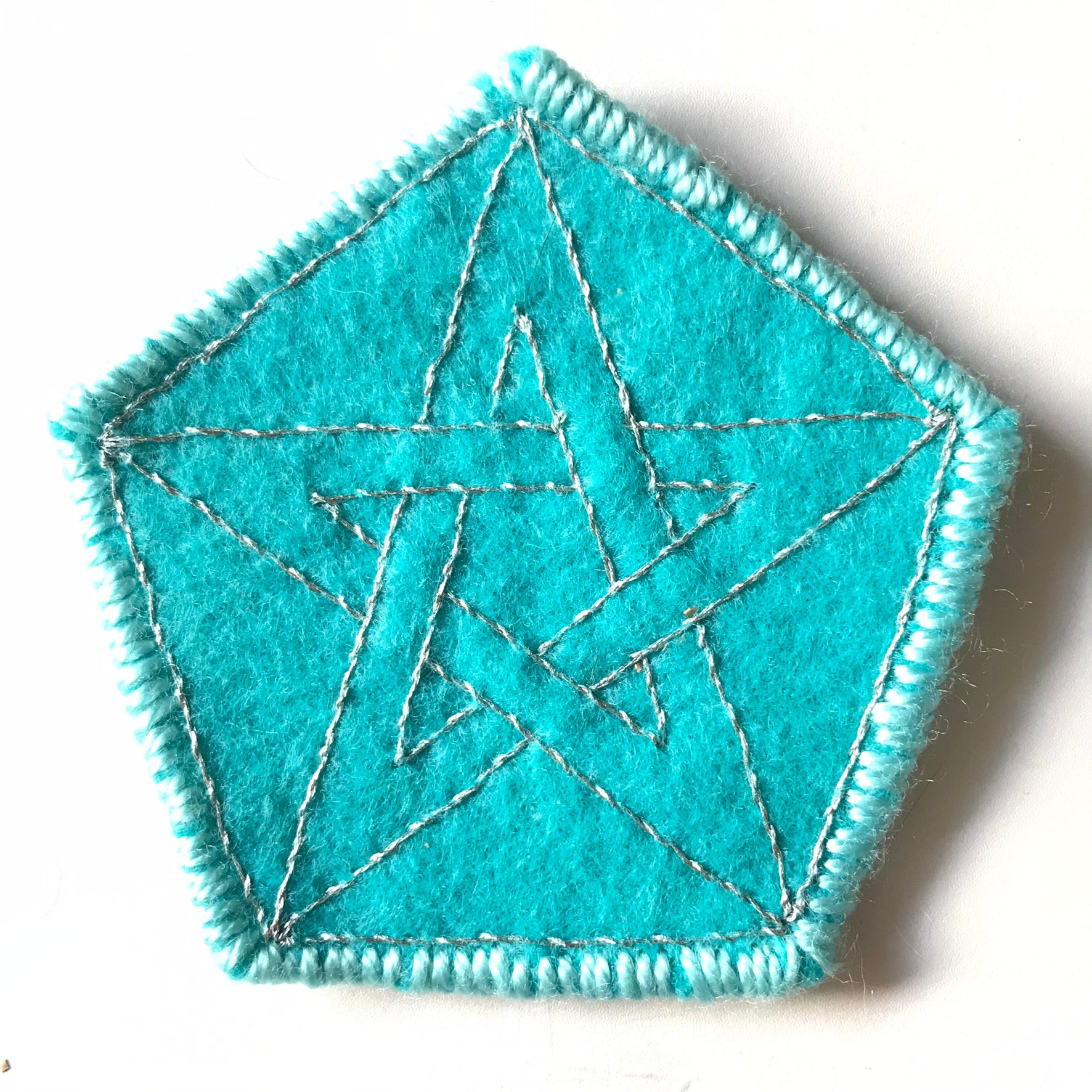 PENTACLE, TURQUOISE FELT & SILVER METAL THREAD EMBROIDERED PROTECTION PATCHES, MINI TRAVEL CRYSTAL CHARGERS, ALTER PIECES