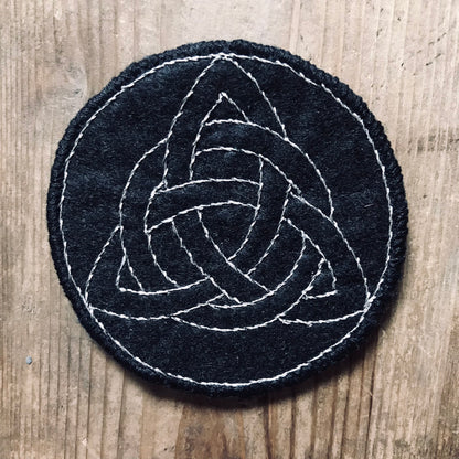 TRIQUETRA, BLACK FELT & SILVER METAL THREAD EMBROIDERED PROTECTION PATCHES, MINI TRAVEL CRYSTAL CHARGERS, ALTER PIECES